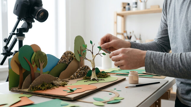 A person creates a stop motion animation scene with hands, paper cutouts, and a camera on a tripod in a bright room.