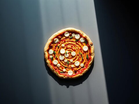 Concentric circles emanate from a pizza pie, a cosmic culinary arrangement from the stratosphere,  food,  culinary