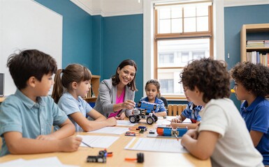 Fototapeta premium Children learn STEM with teacher guiding a robot build in bright