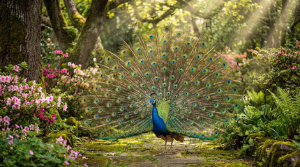 Obraz premium Majestic peacock displaying vibrant feathers in a sunlit garden