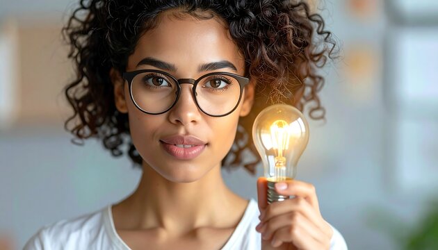 Woman holding a glowing lightbulb, thoughtful expression