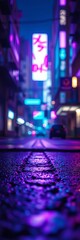 Fototapeta premium Glossy asphalt gleams under electric violet and cyan haze, bokeh blurring urban veins, glow, moody