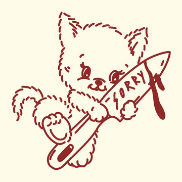 Kitten holding a knife with the word "sorry" vector illustration cute apologetic line art illustration whimsical childish monoline isolated background domestic creature character decoration