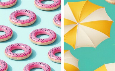 Fototapeta premium Pink inflatable donuts and yellow-white umbrellas on vibrant teal