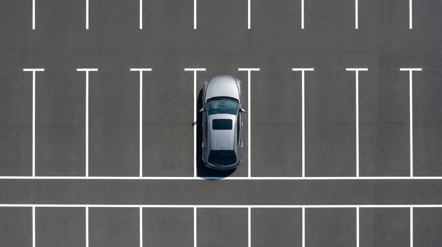 Aerial view of a single silver car parked in an empty lot with white lines