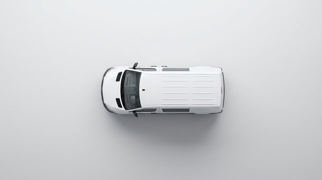 Aerial view of a white van driving on a gray road surface