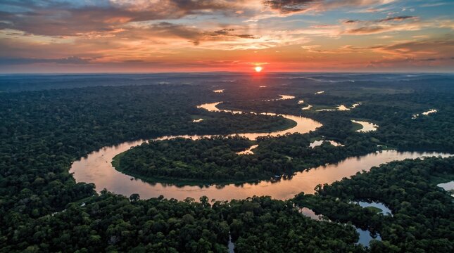 Amazon River winding through lush rainforest at sunset