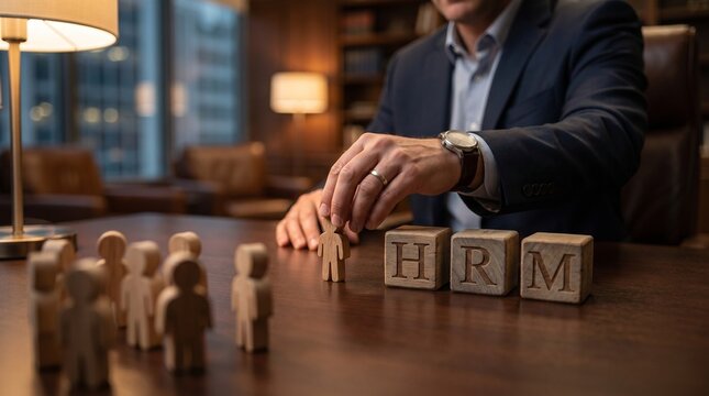HRM human resource management concept, businessman arranging wooden figures, corporate leadership and recruitment