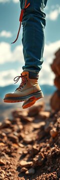 Work boots suspended mid-air, implying effortless movement and freedom,  rugged,  heavy duty