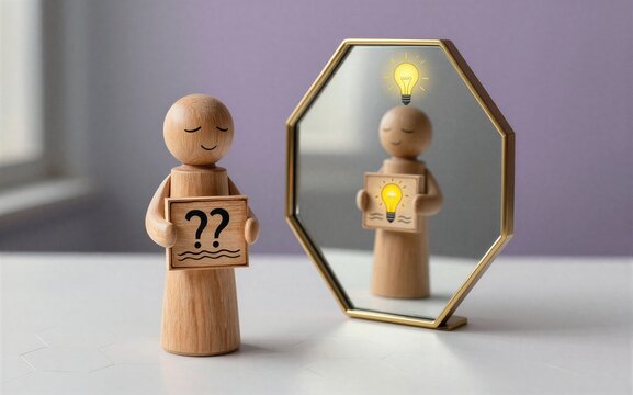 Wooden figure holds question mark mirror shows lightbulb symbolizing