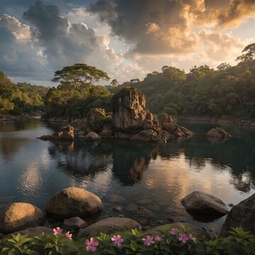 Golden Hour at Namal Oya Sri Lanka &ndash; Tropical Reservoir with Pink Blossoms and Dramatic Sky 
