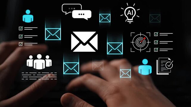 Hands Typing on Keyboard Surrounded by Icons Representing Email Communication, AI Technology, and Data Analysis in a Modern Workspace Gluon.