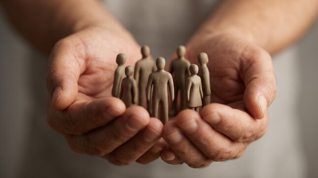 Wooden human figures in cupped hands, diverse community group concept, support and protection for people
