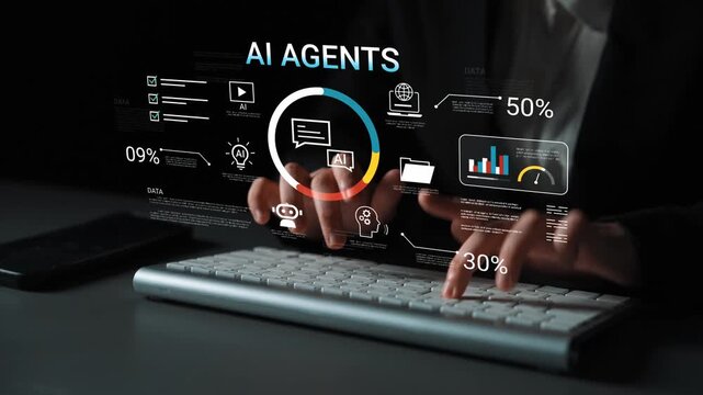Modern Workspace with Digital Interfaces Showcasing AI Agents and Data Analytics on Keyboard, Representing Technology and Innovation in Business Gluon.