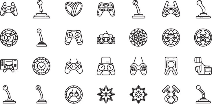 Collection of black and white line for gaming and technology game controller joystick gamepad