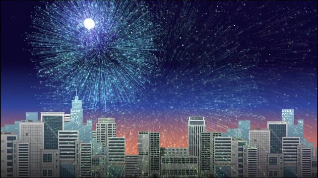 Animated colorful fireworks exploding over city skyline at night with dark blue starry sky and orange horizon.