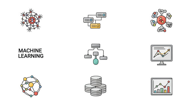 Machine Learning Icons Set - Artificial Intelligence, Data Science, Neural Network, Algorithm, and Big Data Vector Graphics