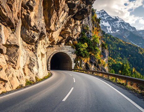 Winding mountain road through a tunnel