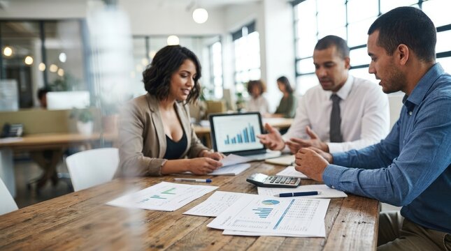 Diverse business team collaborating around a table with charts and a laptop