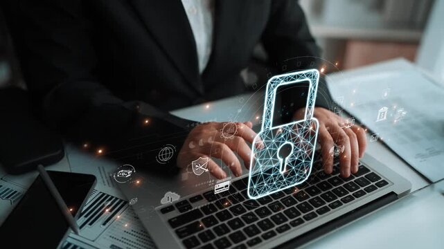 Cybersecurity protection system showing password encryption, fingerprint ID, cloud security, email, credit card, and database lock for secure data access Marrow