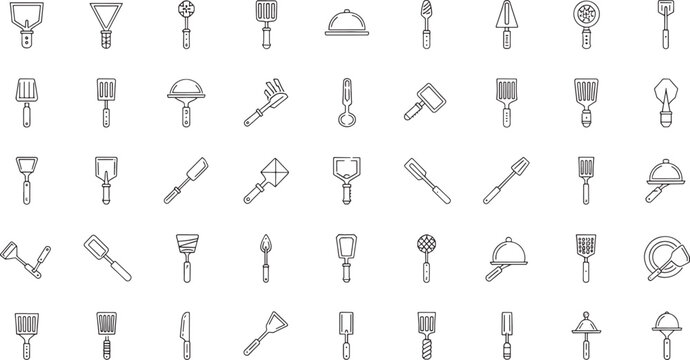 Collection of kitchen utensil outline including spatulas and serving domes cooking food