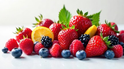 Obraz premium A vibrant and refreshing assortment of ripe berries and a citrus slice, showcasing the natural beauty of healthy, colorful produce in a delightful arrangement