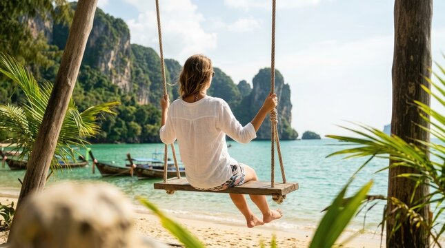 Woman on a swing enjoying a tropical beach view
