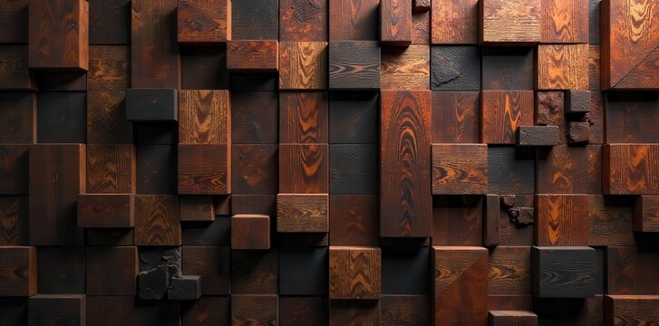 Textured wooden blocks arranged in a varied, three-dimensional mosaic pattern with rich earthy tones and striking grain detail