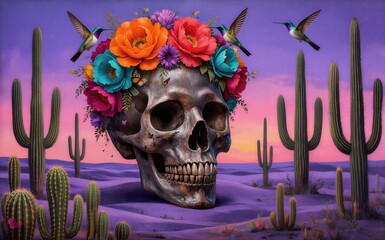 Obraz premium Colorful skull adorned with flowers and hummingbirds in desert cactus