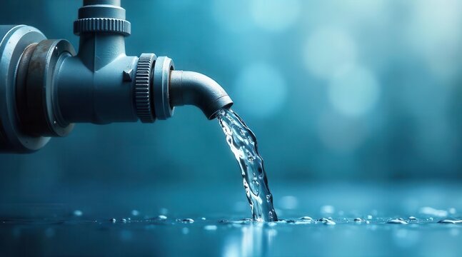 Flowing liquid from a metal fixture into a surface, creating ripples and droplets of pure refreshment