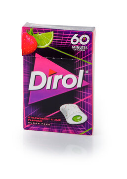 24 February 2026 Tbilisi, Georgia Dirol Chewing Gum Strawberry Lime Pack Isolated on White Background