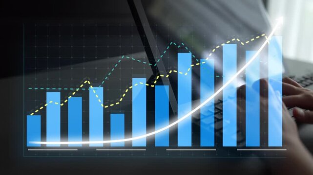 A visual representation of financial analysis featuring dynamic digital graphs and bar charts to depict economic growth trends and data visualization techniques. Copula