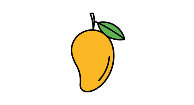 Cartoon mango illustration with stem and leaf on white background