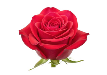 Fototapeta premium A vibrant red rose with delicate green leaves and stem standing elegantly upright isolated on transparent background