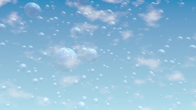 A serene blue sky with fluffy clouds as countless iridescent bubbles float gently upward creating dreamlike motion.