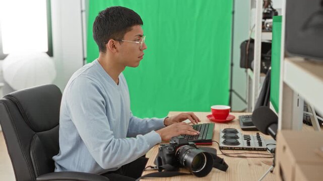 Young man photographer at desk with camera and keyboard, smiling and making finger heart gesture in a studio with green screen and lighting equipment; creative cheerful.