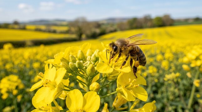 A close-up shot of a honey bee collecting pollen from a vibrant yellow rapeseed flower in a sunny field.