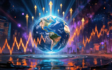 Fototapeta premium Global economy thrives under vibrant charts and futuristic city