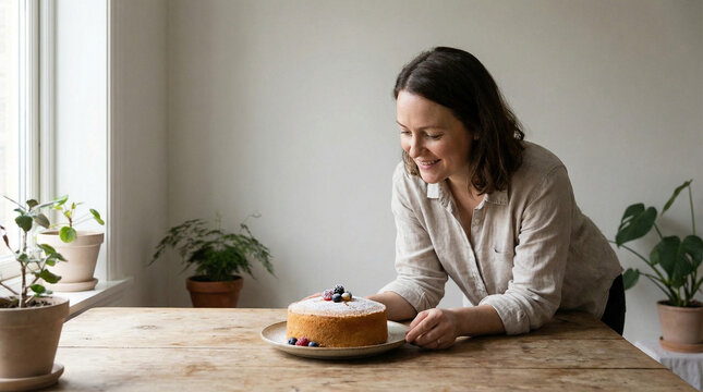 Smiling woman presents her freshly baked, rustic cake adorned with blueberries, capturing the wholesome delight of home baking and a delicious homemade dessert in a bright kitchen