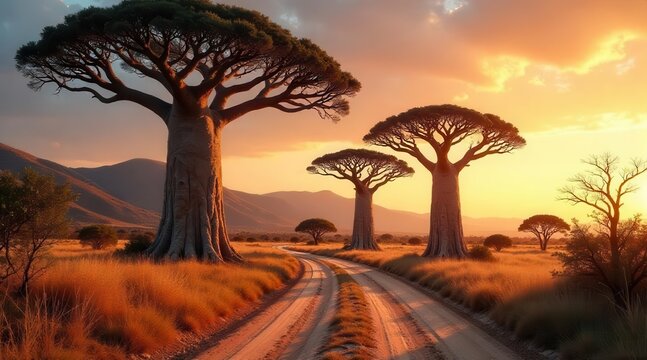 Savannah dirt road winding through golden grasslands with majestic ancient trees silhouetted against a breathtaking sky at sunset