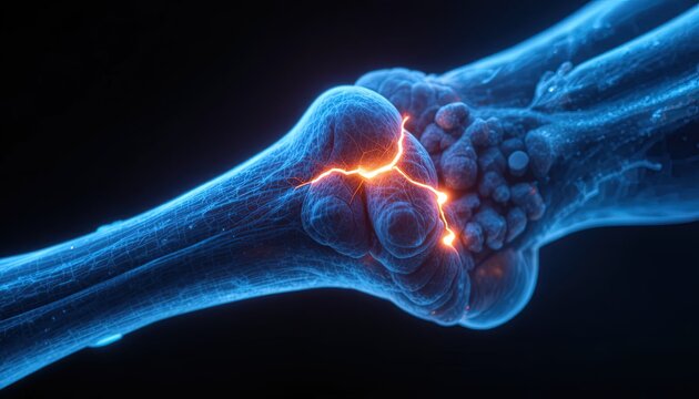 Sci-Fi Bone Structure with Orange Lightning, Medical Visualization of Arm and Hand with Dark Background, Futuristic X-Ray Design