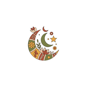 Boho Floral Crescent Moon Illustration with Stars and Leaves.