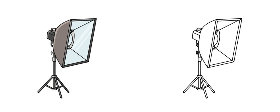 Photography softbox in flat color and black line styles grey and blue colors professional lighting equipment for soft studio light on white background