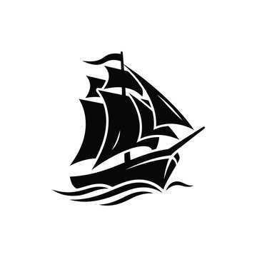 Classic tall ship sailing on ocean waves with full sails, black silhouette captures elegance and adventure of historic maritime travel and exploration, vintage designs, and ocean-inspired projects.