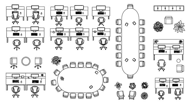 modern office interior design with desks chairs and conference tables top view