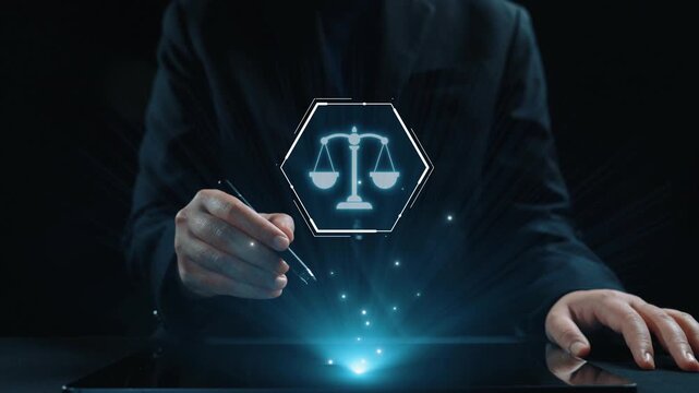 Futuristic digital law interface displaying justice scale, highlighting digital law, AI compliance, digital law systems, and digital law regulations for secure governance. Elide