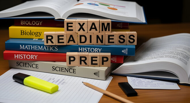 Educational display of academic exam preparation featuring wooden blocks spelling prep readiness atop stacked hardcover textbooks including subjects like biology mathematics and history.