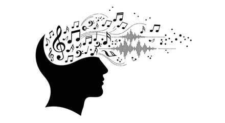 Black silhouette head with music notes. © Shal_Kafa_Alfattah