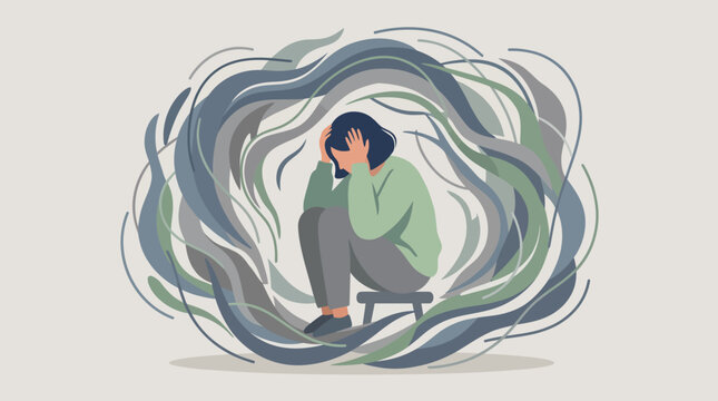 Person curled up inside swirling abstract lines representing anxiety and inner turmoil.
