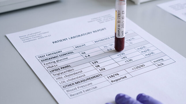 Blood Sample Test Tube on Patient Laboratory Report Showing Glycaemic and Lipids Panel Results